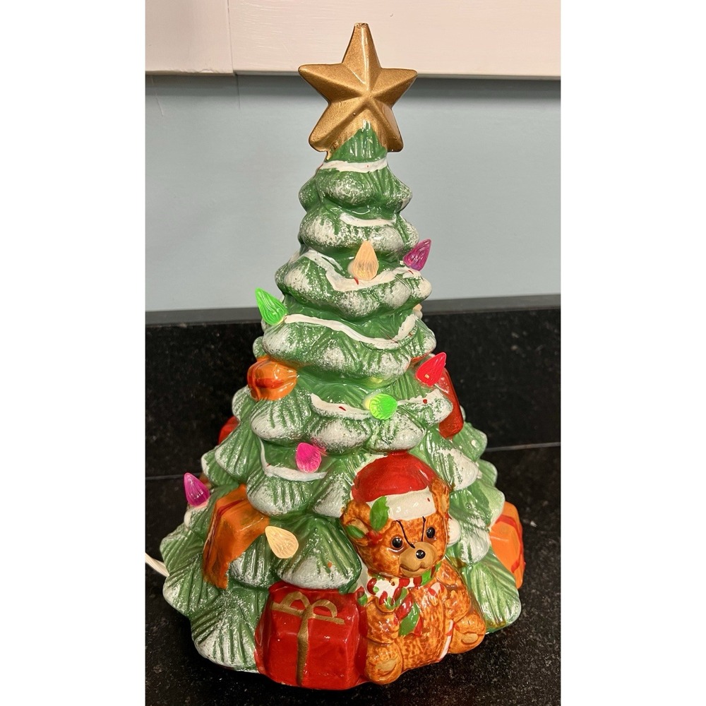 Vtg 10" Tall‎ Ceramic Lighted Christmas Tree Colored Bulbs Teddy Bear & Gifts
